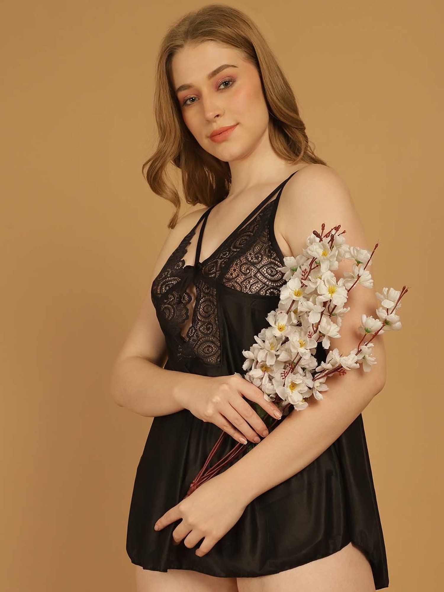 Stylee LIFESTYLE Black Lace Work Babydoll With Brief