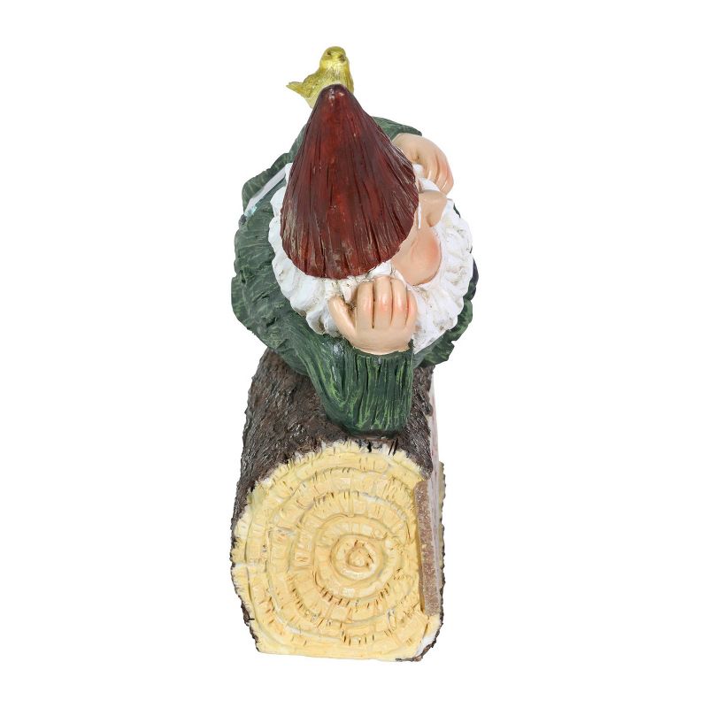 14" Solar Gnome On Welcome Log Resin Statue Green - Exhart