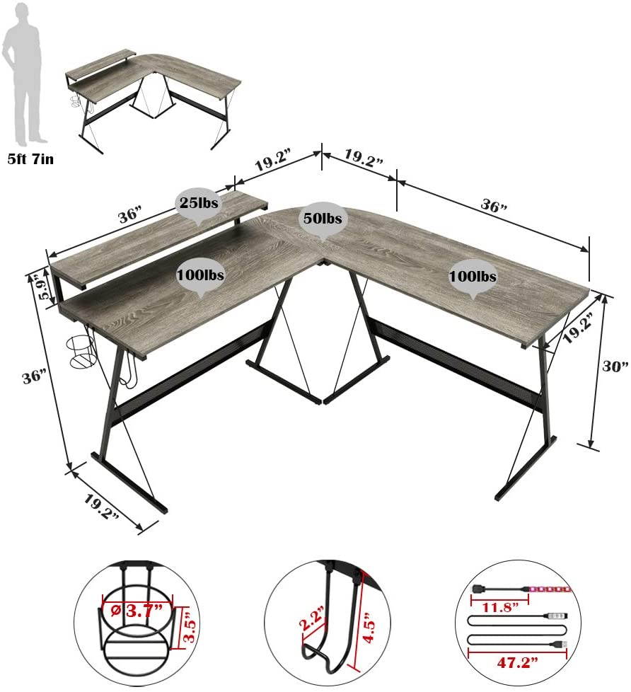 Bestier 55.2" Gaming Desk Racing Style PC Computer Desk L-Shaped Desk Corner Home Office Table with Ergonomic Monitor Stand & RGB Strip Light & Multifunctional Hook (Black Carbon Fiber)
