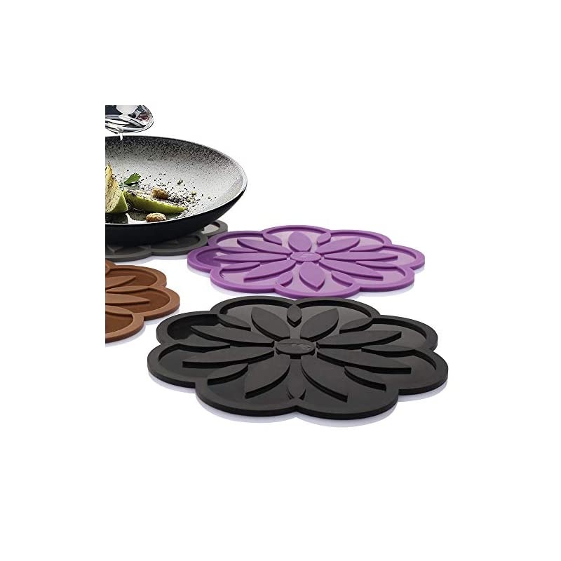 Silicone Trivet Mat [4 Set] Centaury Pot Holders, Hot Pads For Pots & Pans, Jar Opener, Spoon Rest & Coasters Heat Resistant Non Slip Flexible & Durable - Diameter:6.7'' (Deep Purple)