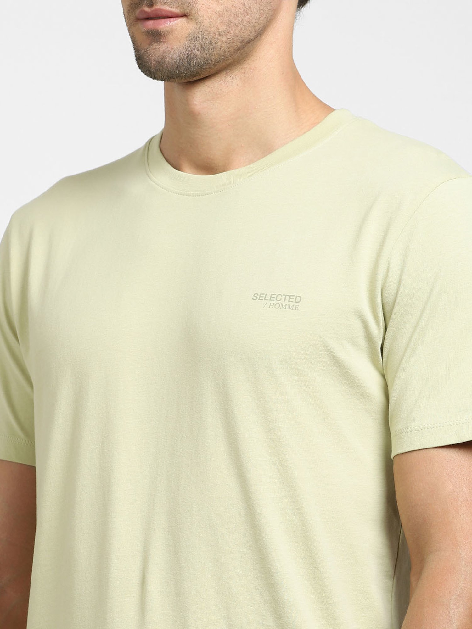 SELECTED HOMME Light Green Regular Fit Cotton Crew T-Shirt