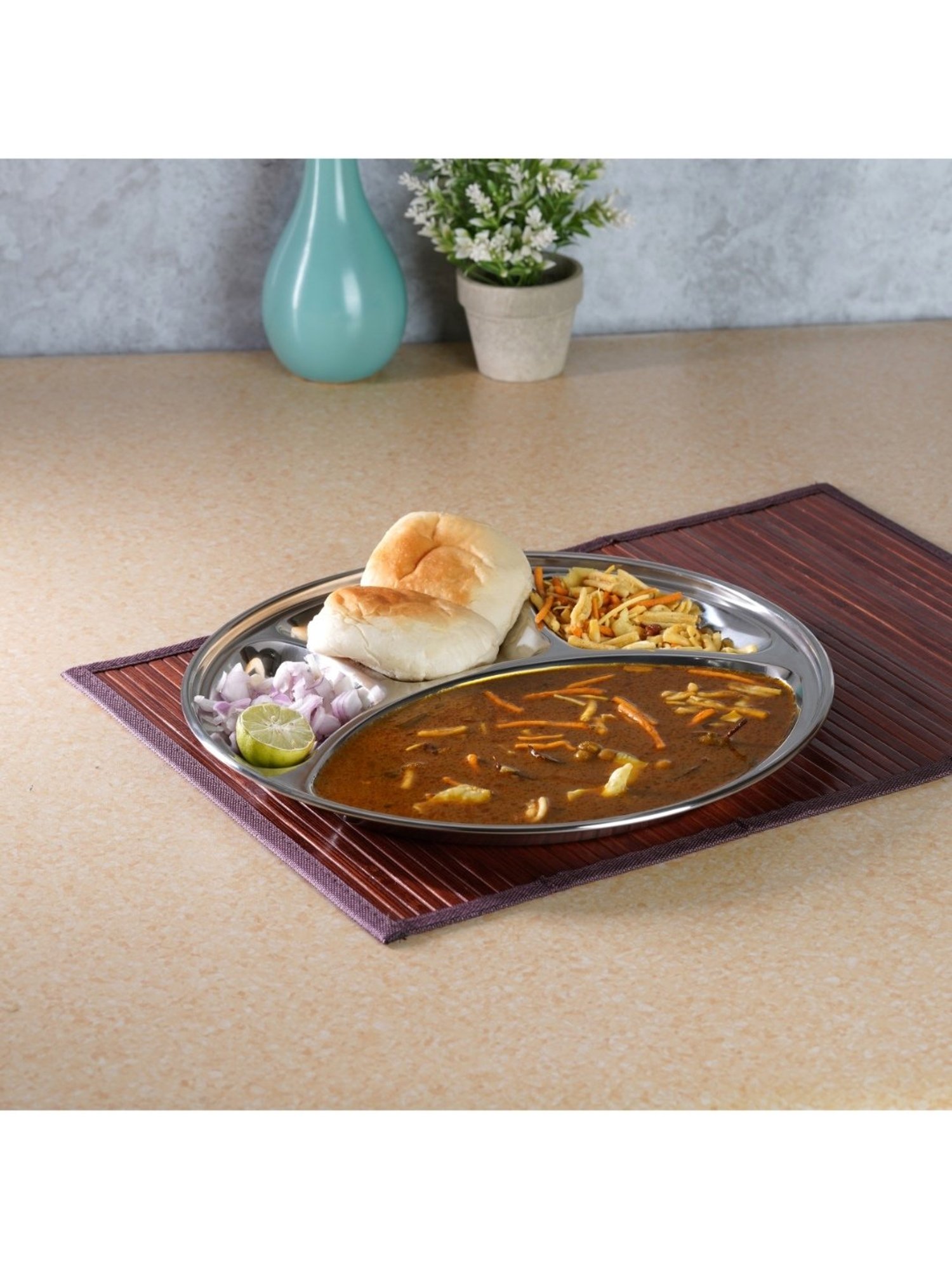 Sumeet Stainless Steel Round 4 in 1 Compartment Lunch / Dinner Plate 1Pc, 32.5cm Dia, Silver