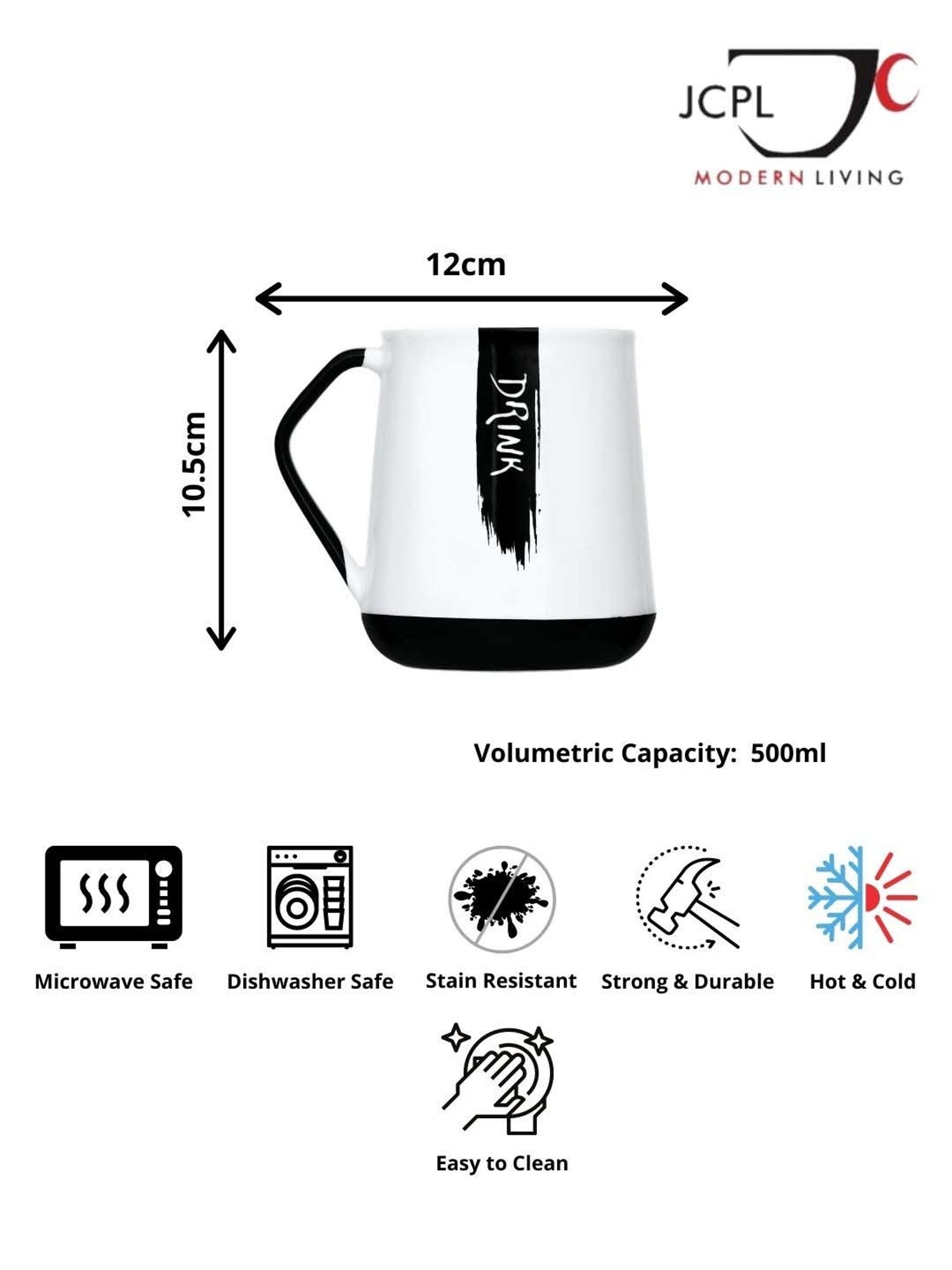 JCPL White & Black Ceramic 9.5 cm Milk Mug (0.5 L) - Set of 2