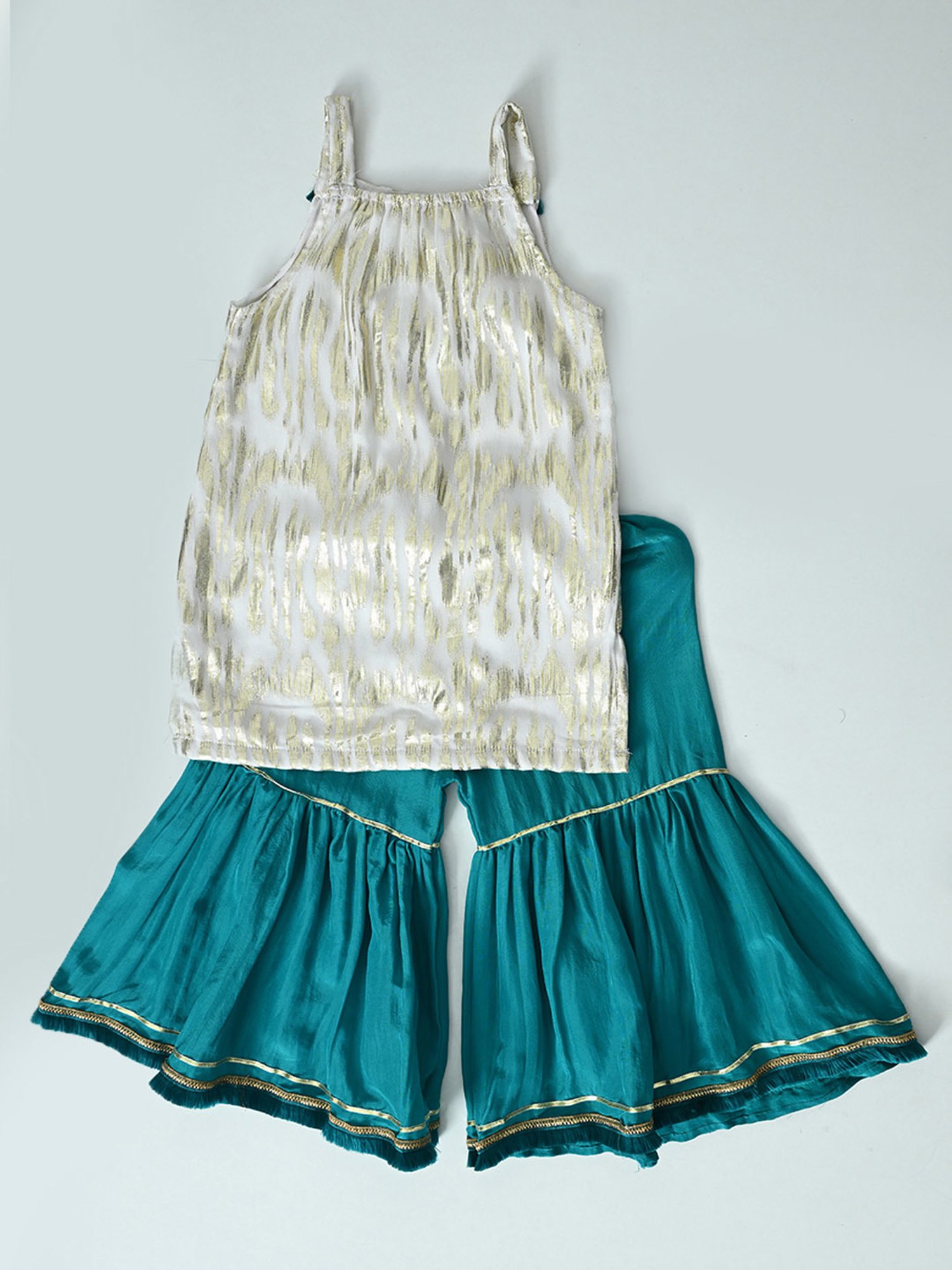 Bella Moda Girls Green & White Printed Kurti with Sharara