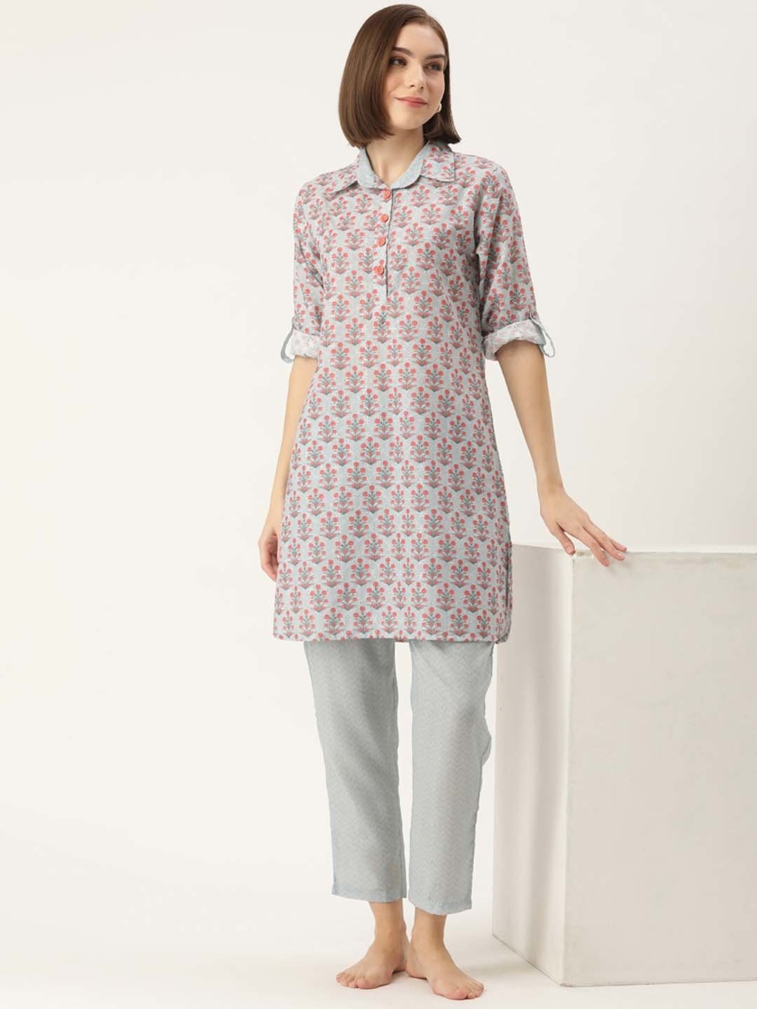 Clt.s Grey Floral Print Kurti Pyjama Set