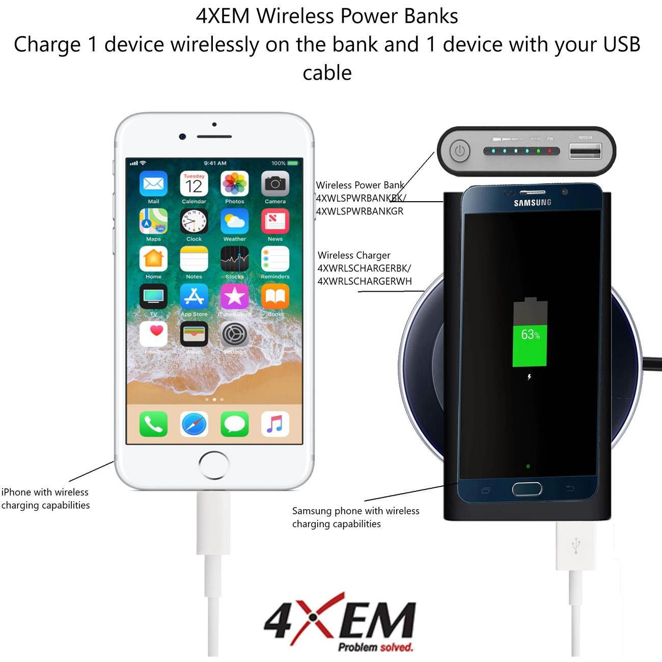 4XEM QI Wireless Power Bank 8000mAh Mobile Charging Station 2A 5V Black