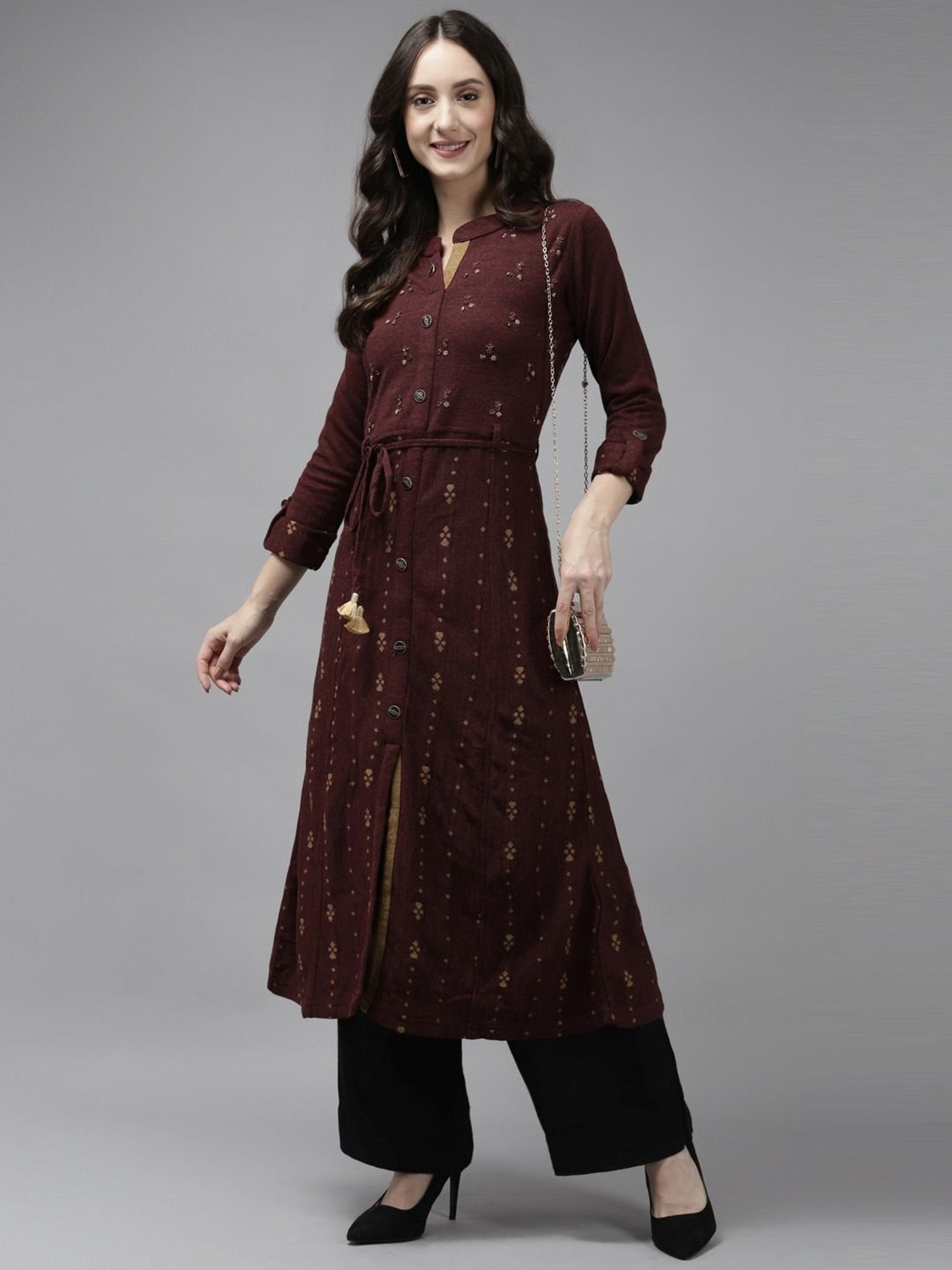 Cayman Maroon Embellished A Line Kurta