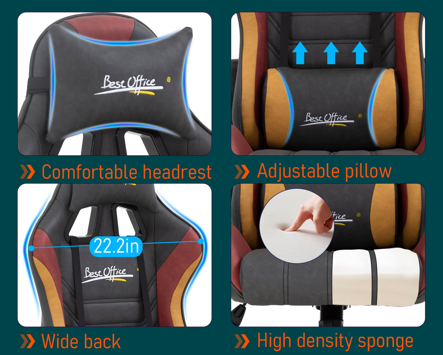 PC Gaming Chair Ergonomic Office Chair Racing Computer Chair with Lumbar Support Headrest Adjustable Armrest Rolling Swivel Desk Chair PU Leather E-Sports Task Chair