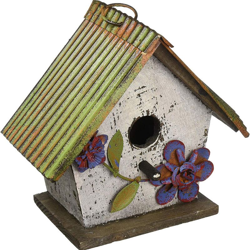 Carson Home Accents 63972 Wood and Tin Floral White Outdoor Birdhouse, Floral