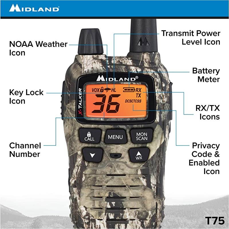 XTALKER T75VP3 36 Channel FRS TwoWay Radio Up to 38 Mile Range Walkie Talkie 121 Privacy Codes amp NOAA Weather Scan + Alert Pair Pack Mossy Oak Camo