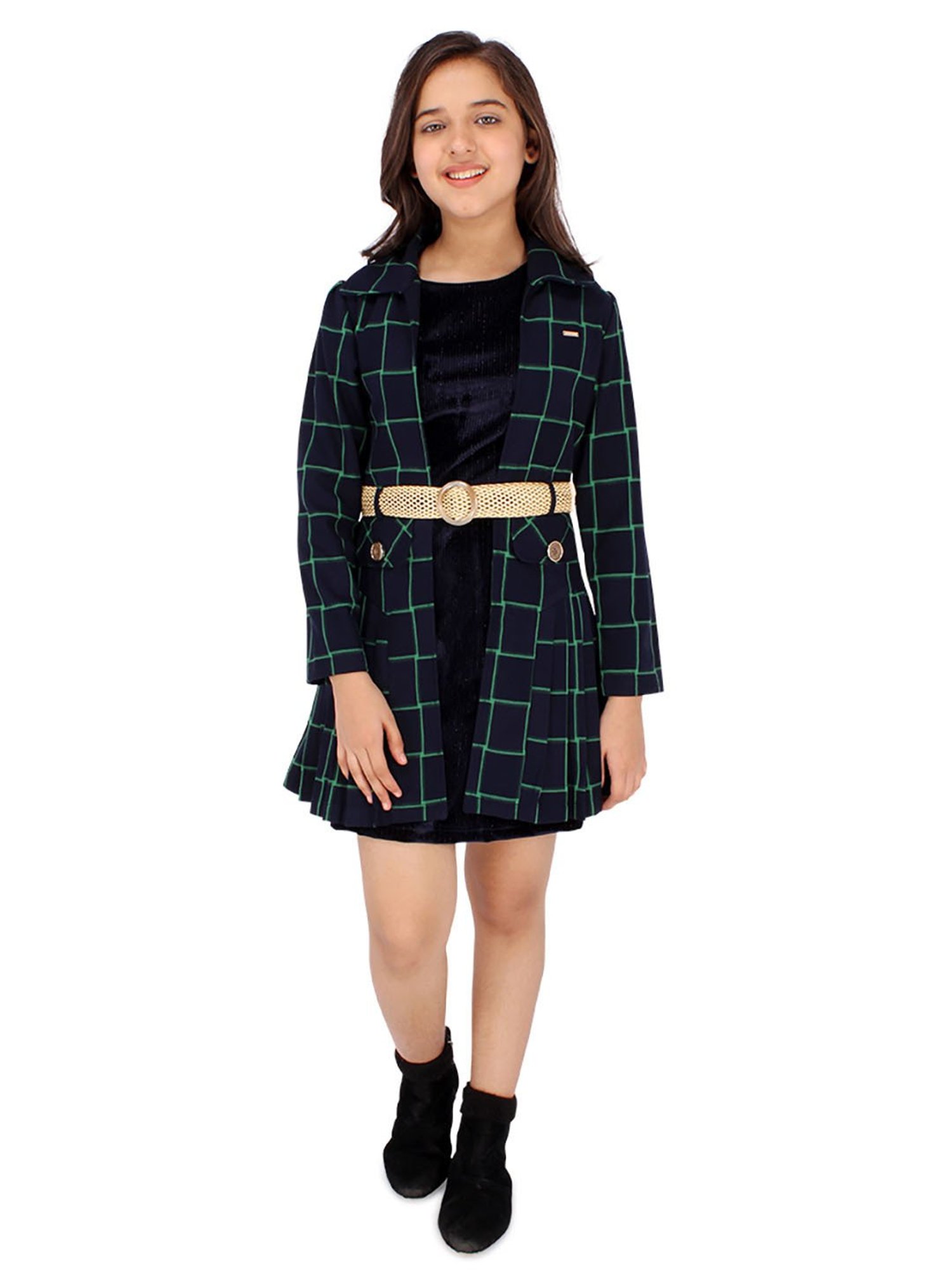 Cutecumber Kids Navy Checks Full Sleeves Dress with Jacket