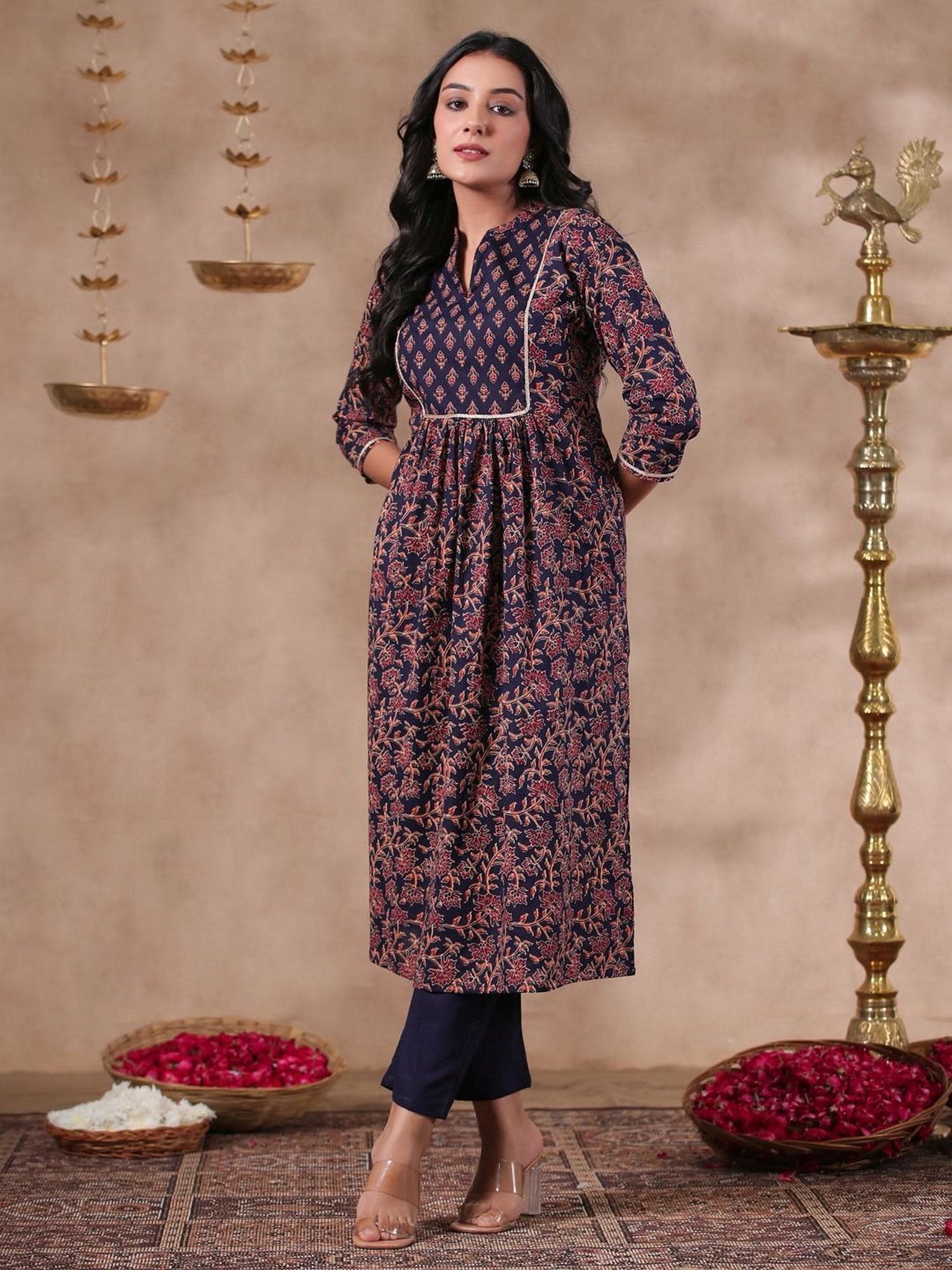 Anubhutee Blue Cotton Floral Print Kurta Pant Set