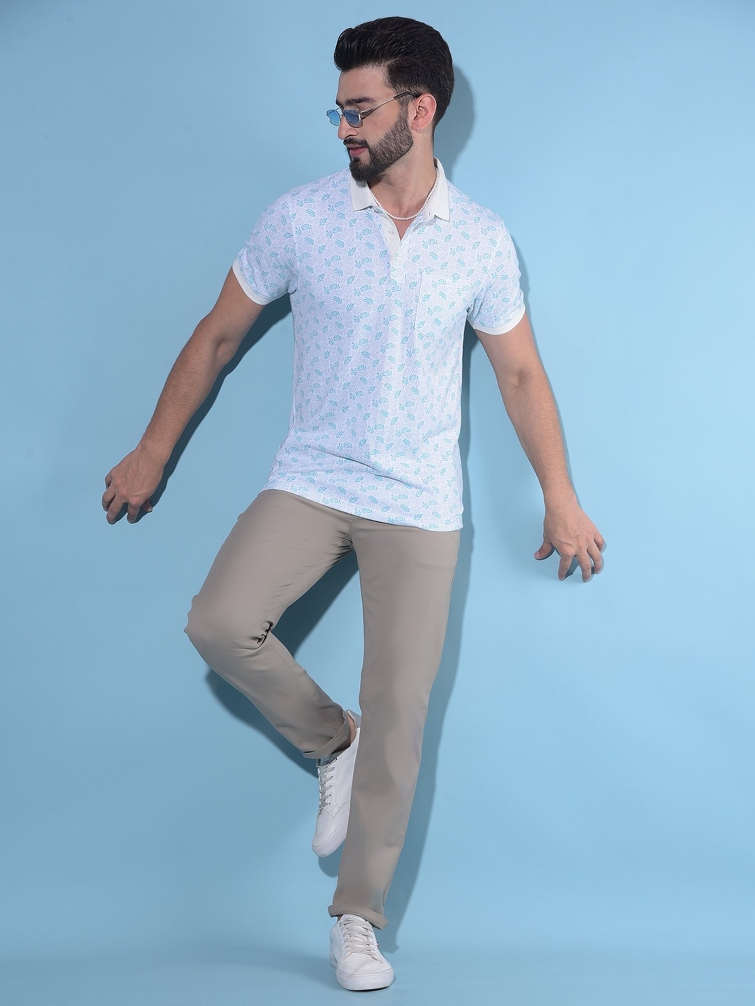 Crimsoune Club Blue Slim Fit Floral Print Polo T-Shirt