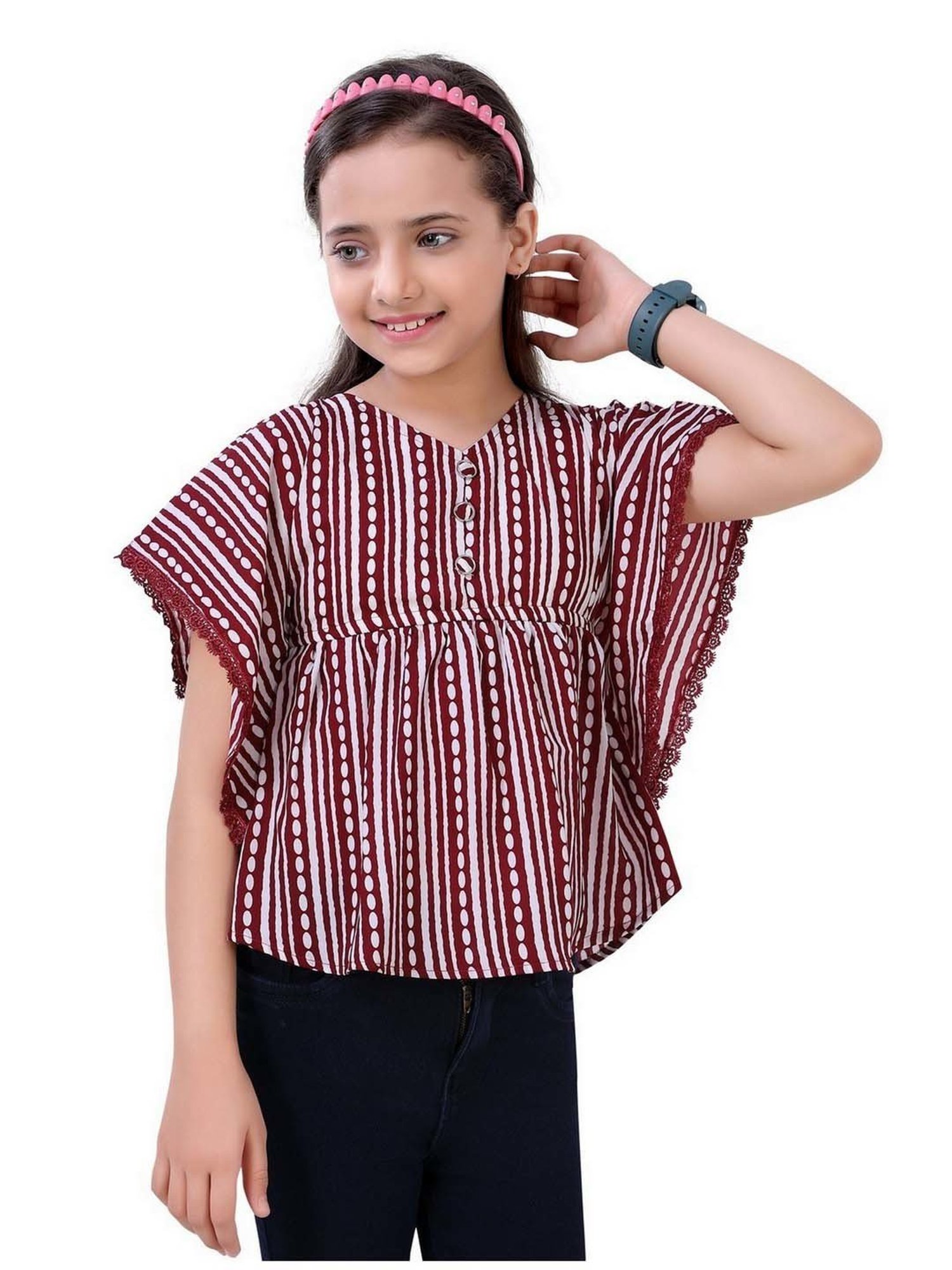 poplins Kids Maroon & White Cotton Printed Top
