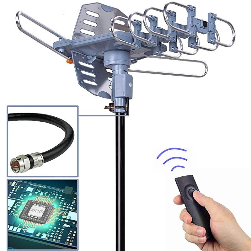 Digital Outdoor TV Antenna, 150 Mile Motorized 360 Degree Rotation Support 2 TVs, Mounting Pole, 50FT RG6 Coax Cable, 4G Filter, Wireless Remote Control, UHF/VHF, Snap-On Installation