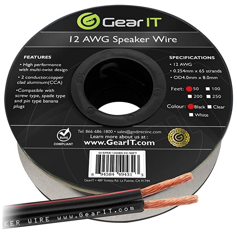 12AWG Speaker Wire  Pro Series 12 AWG Gauge Speaker Wire Cable 50 Feet 1524 Meters Great Use for Home Theater Speakers and Car Speakers Black
