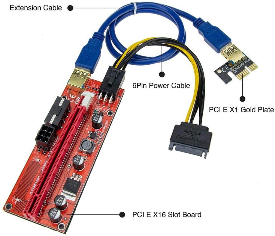 AAAwave PCIE Riser VER 009S 1x to 16x Graphic Extension for GPU Mining USB Riser Powered Adapter Card, 60cm USB 3.0 Cable, 4 Solid Capacitors, 2X 6PIN and Molex 3 Power Options (Orange) Pack of 8