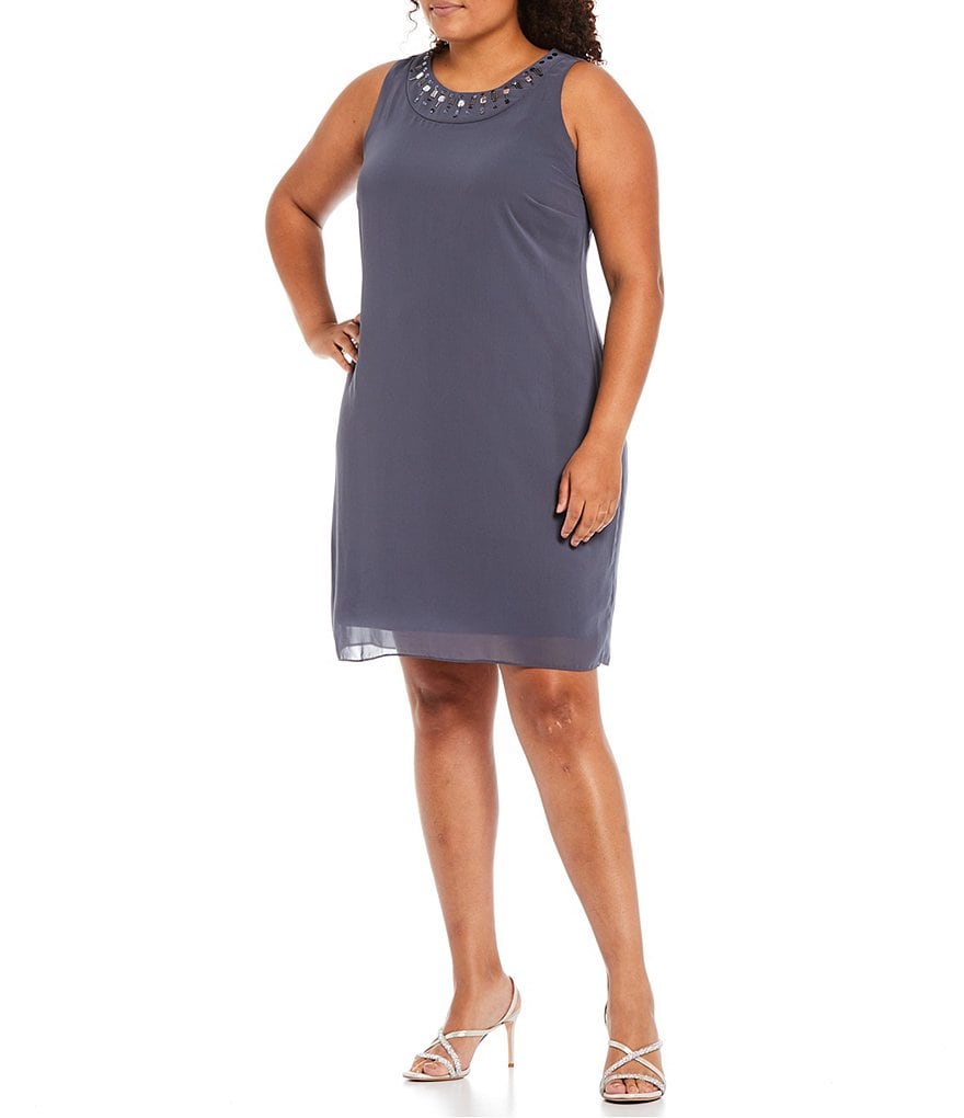 Ignite Evenings Plus Size Jewel Neck 3/4 Sleeve Embellished Chiffon 2-Piece Jacket Dress