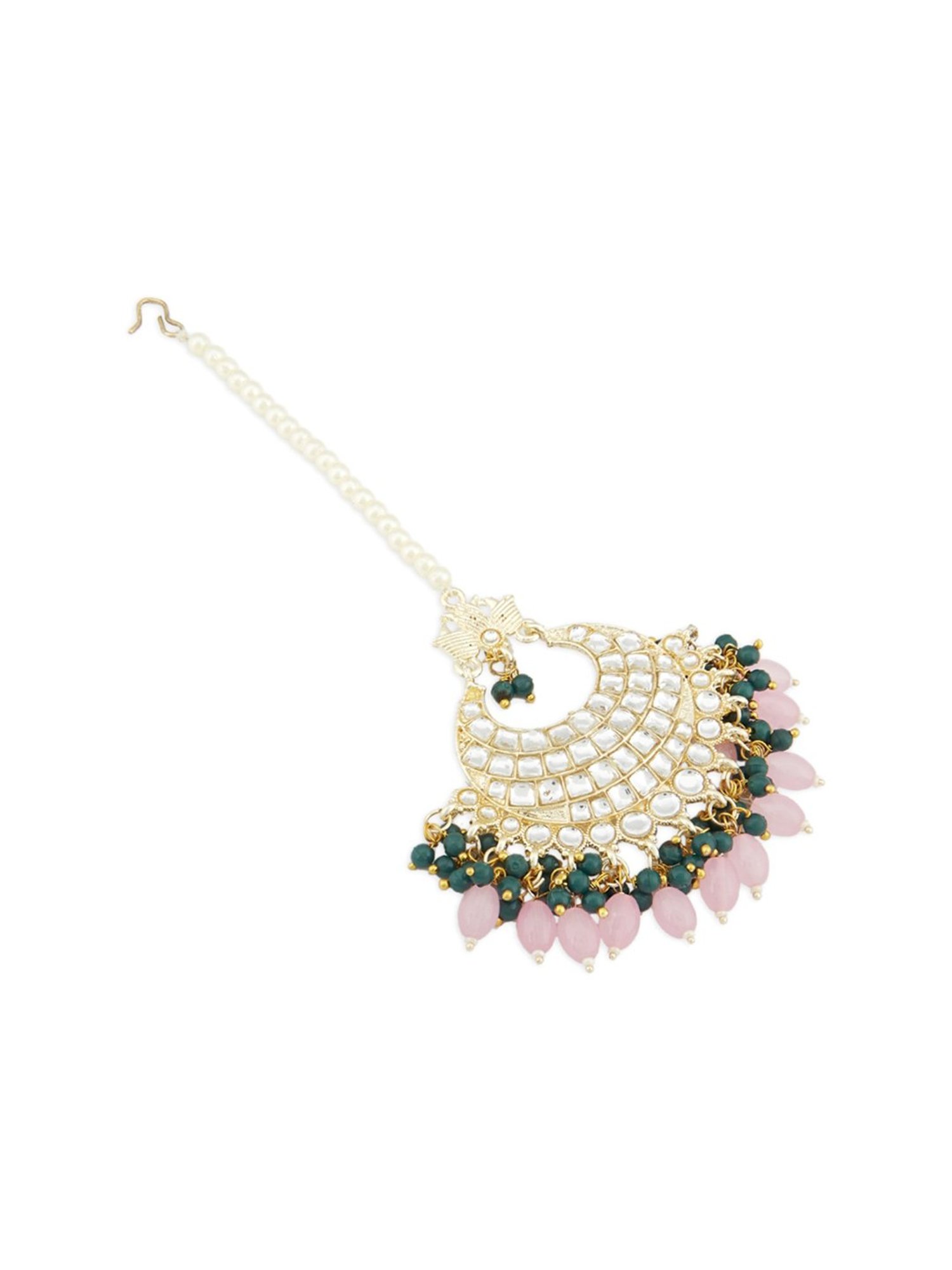 Zaveri Pearls Pink & Green Cluster Beads Drop Bridal Kundan Maangtikka-ZPFK13570