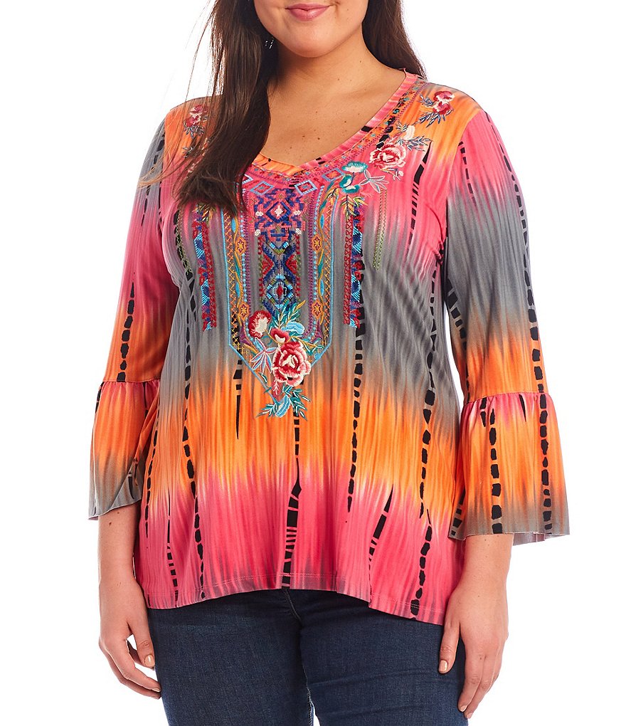 Calessa Plus Size Tie-Dye Floral Embroidery V-Neck 3/4 Bell Sleeve Tunic