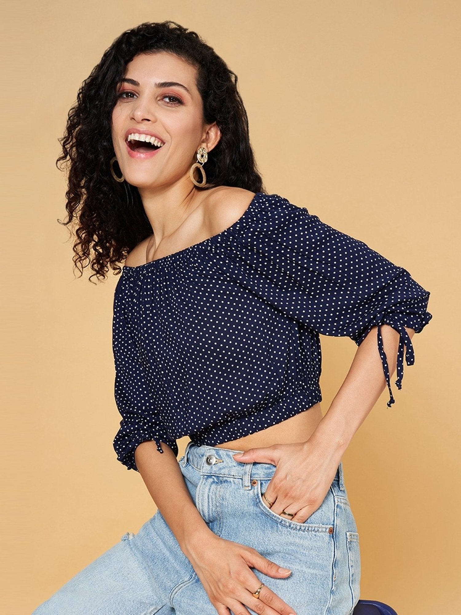 YU by Pantaloons Navy Polka Dots Crop Top
