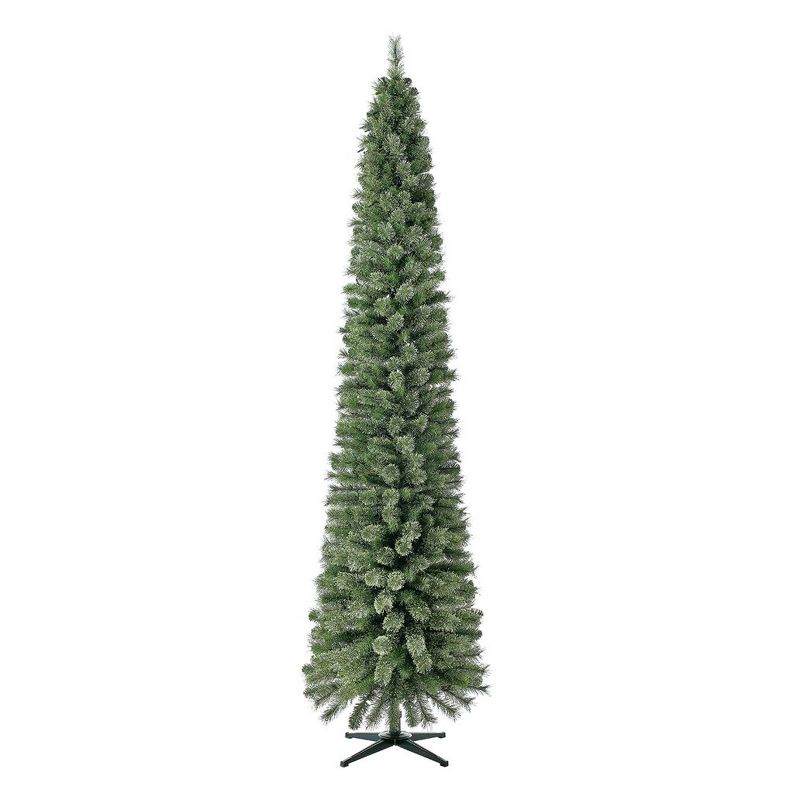 Home Heritage 9 Foot Pre-Lit Skinny Artificial Stanley Pencil Pine Christmas Tree with Multicolor Lights, Foldable Stand and Easy Assembly