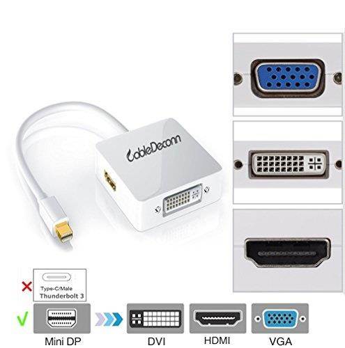 CableDeconn Mini Display Port DP (Thunderbolt Port Compatible) to DVI VGA HDMI TV AV HDTV Adapter cable 3 in1 for Mac Book