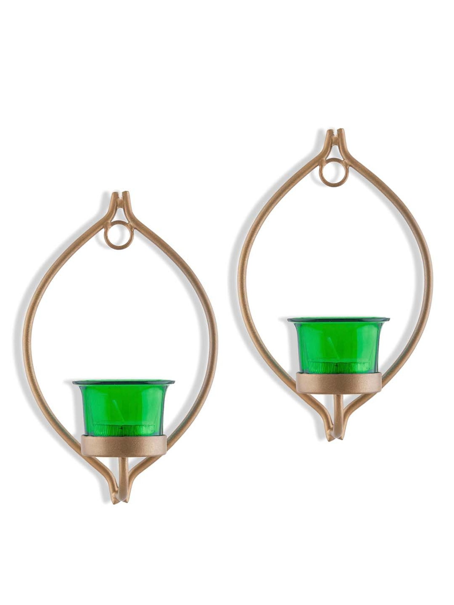 Homesake 'Christmas' Green & Golden Metal Wall Candle Holder With Tea Light Candle - Set of 2