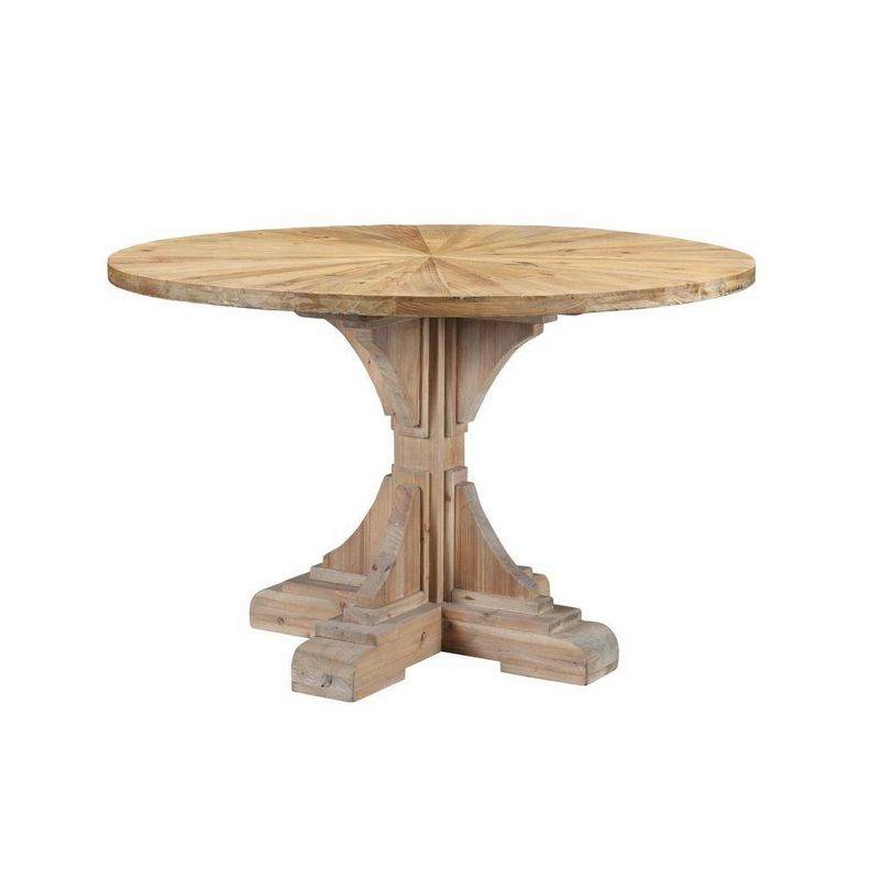 Round Sunburst Plank Top Dining Table with Pedestal Base Natural Brown - Benzara