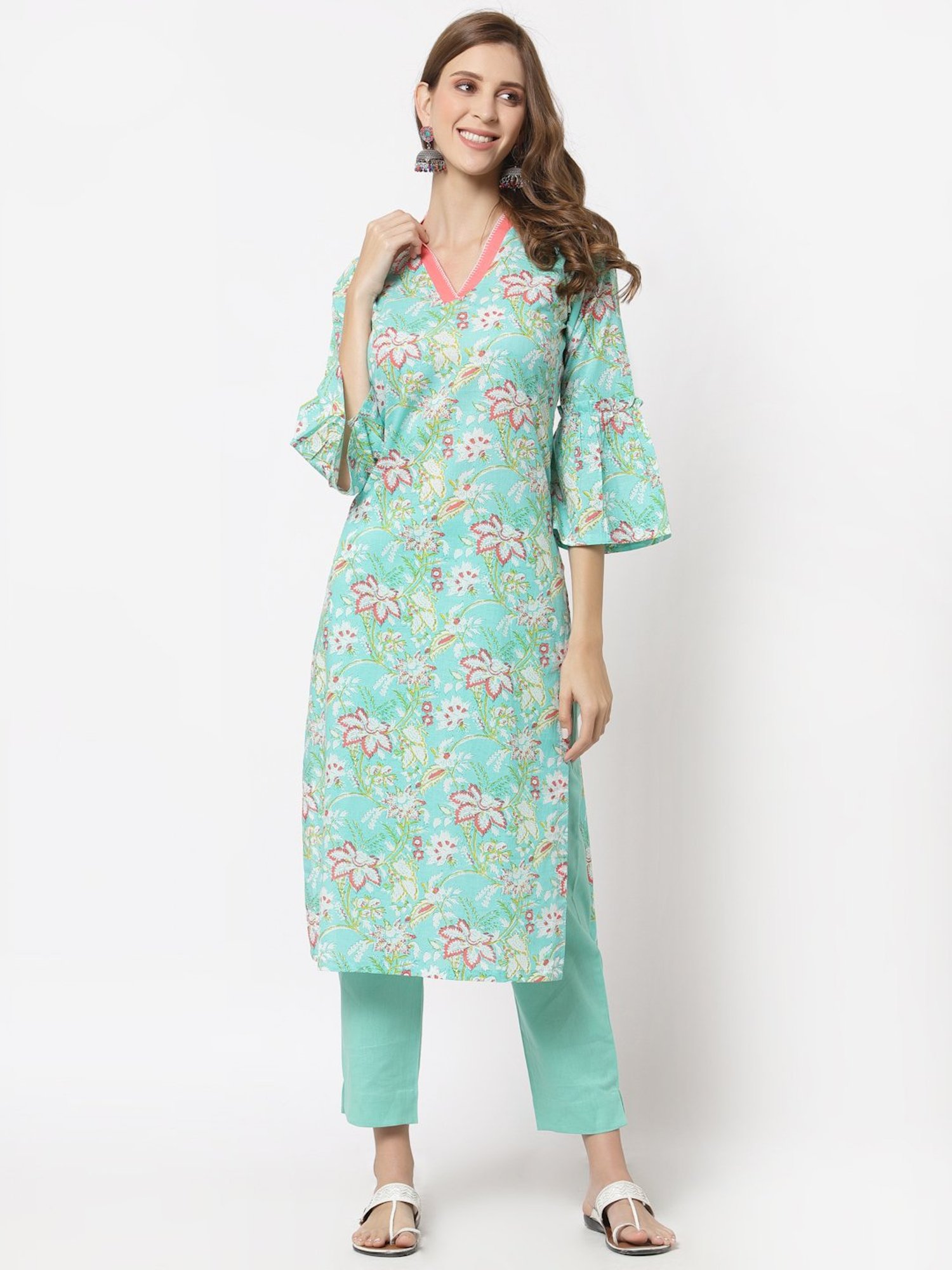 Kami Kubi Green Cotton Floral Print Straight Kurta