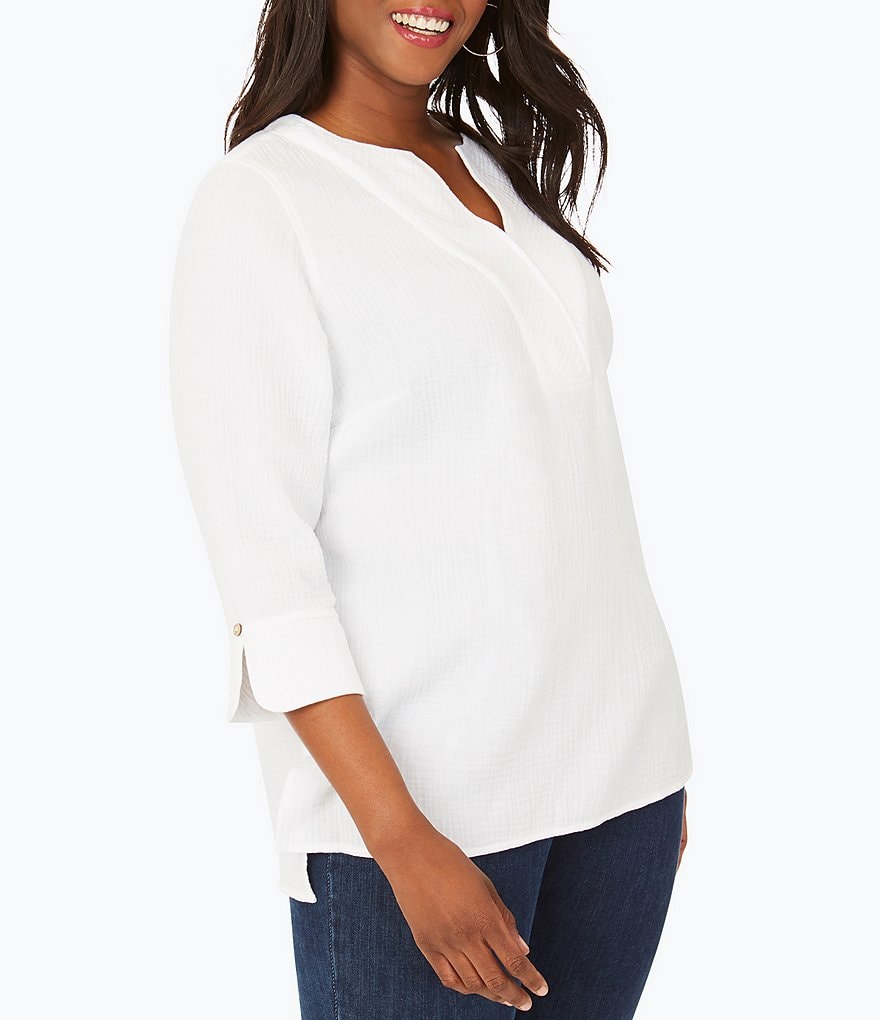 Foxcroft Plus Size Vena Gauze 3/4 Sleeve Split Round Neck Top