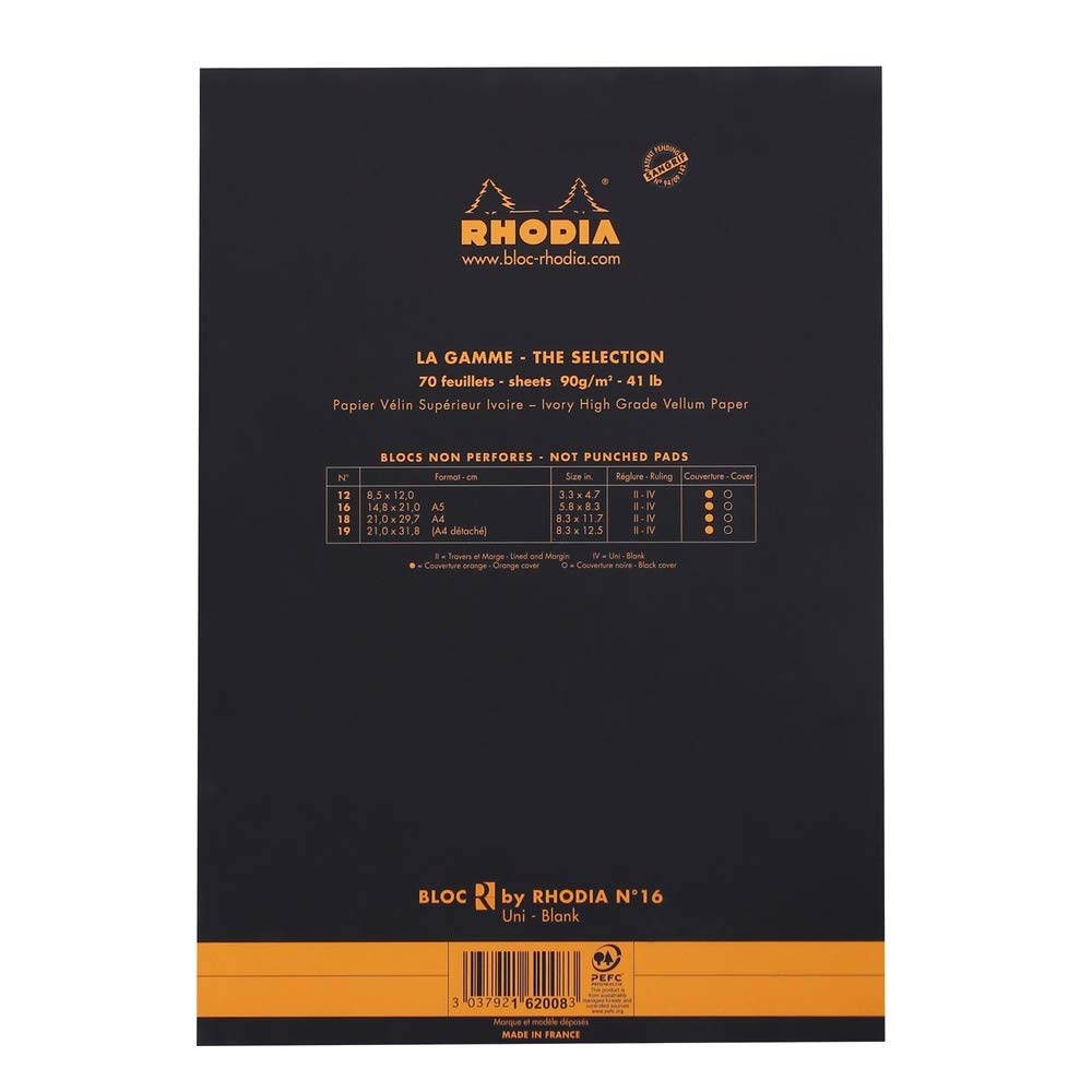 Rhodia"R" Premium Stapled Notepad - Blank 70 sheets - 6 x 8 1/4 - Black Cover