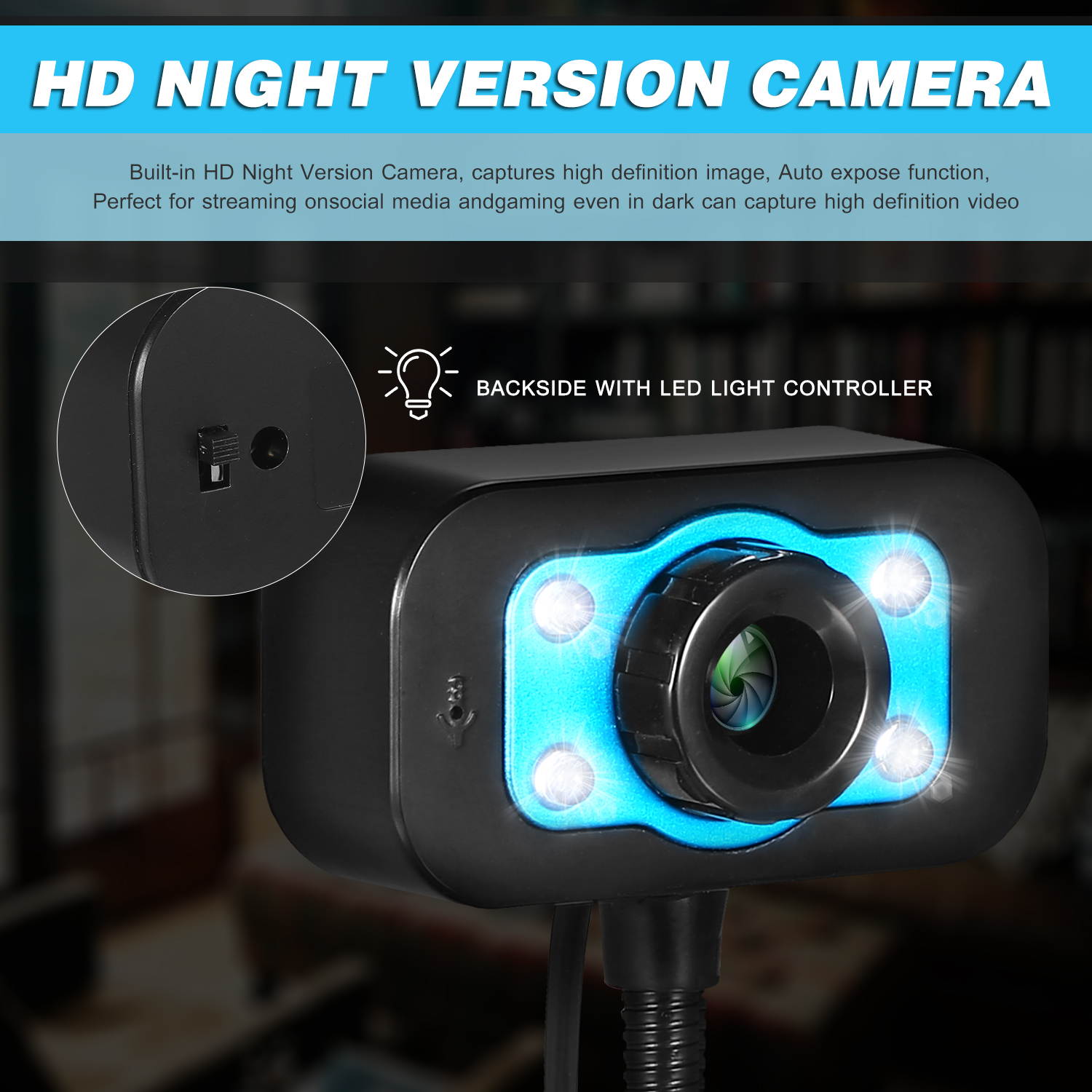 HD Webcam USB Desktop Laptop Camera Mini Plug and Play Video Calling Computer Camera with Mic Night Version LED Light Flexible Rotatable stander