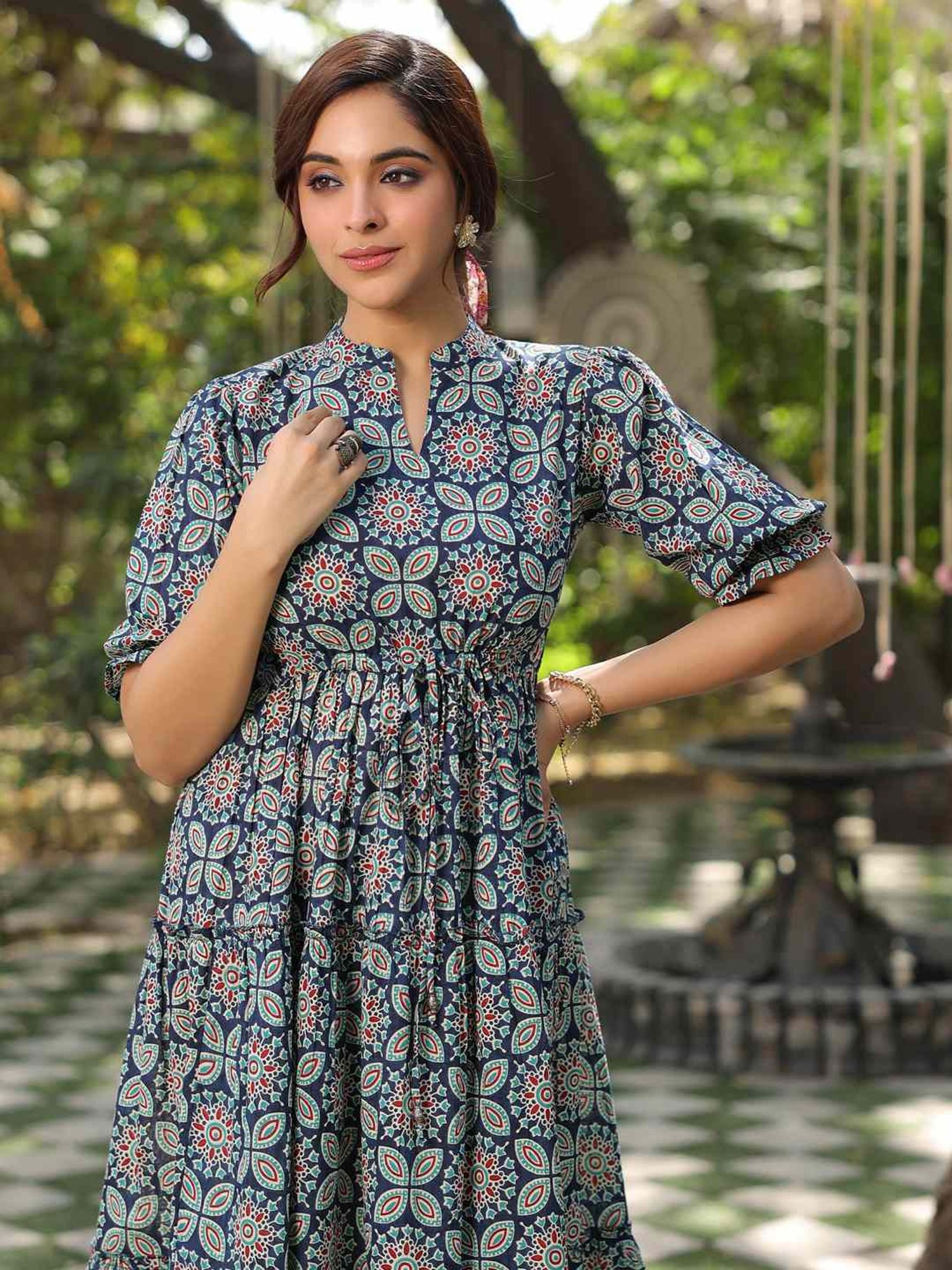 Rain and Rainbow Blue Cotton Printed A-Line Dress