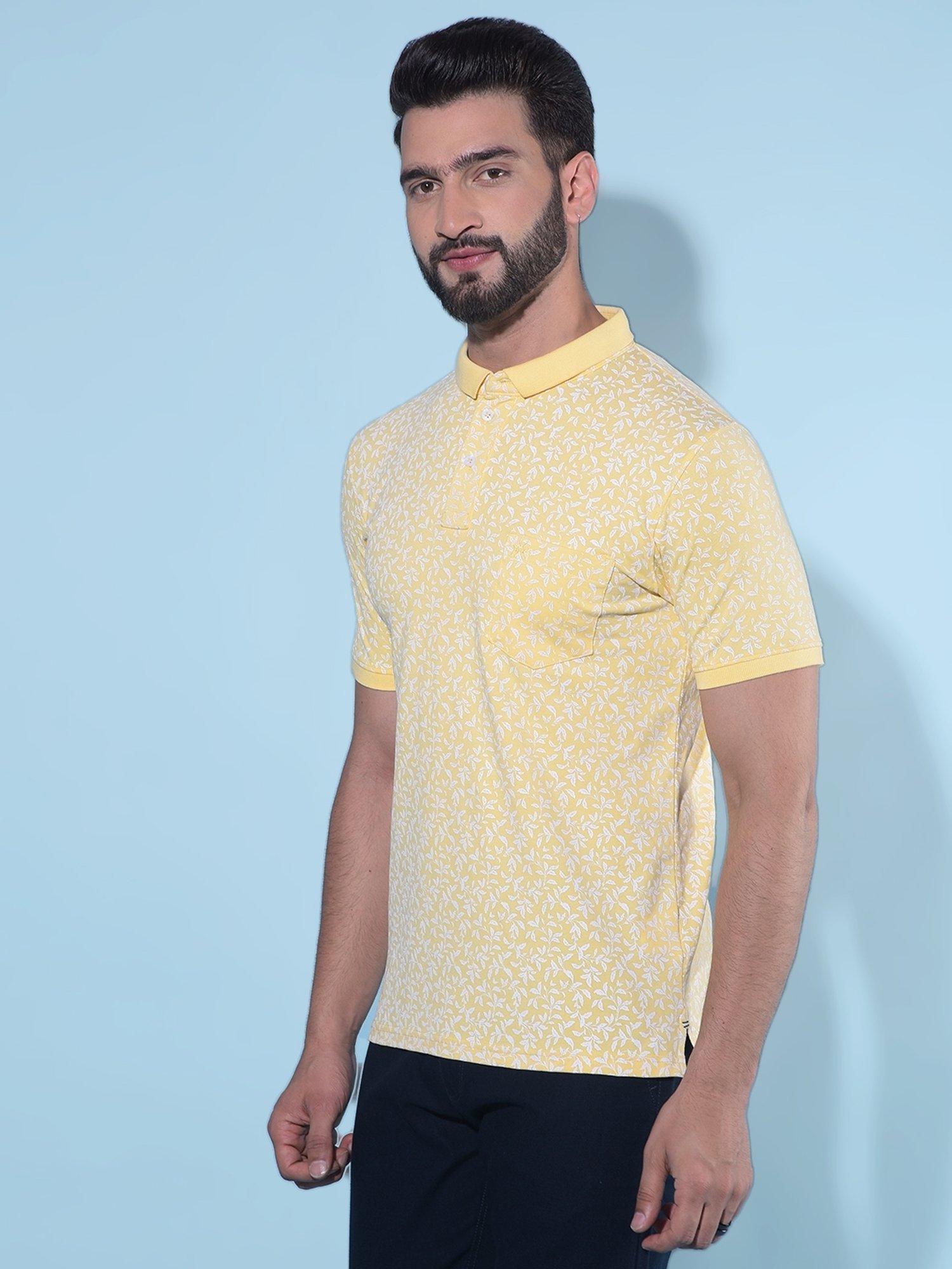 Crimsoune Club Yellow Cotton Slim Fit Floral Print Polo T-Shirt