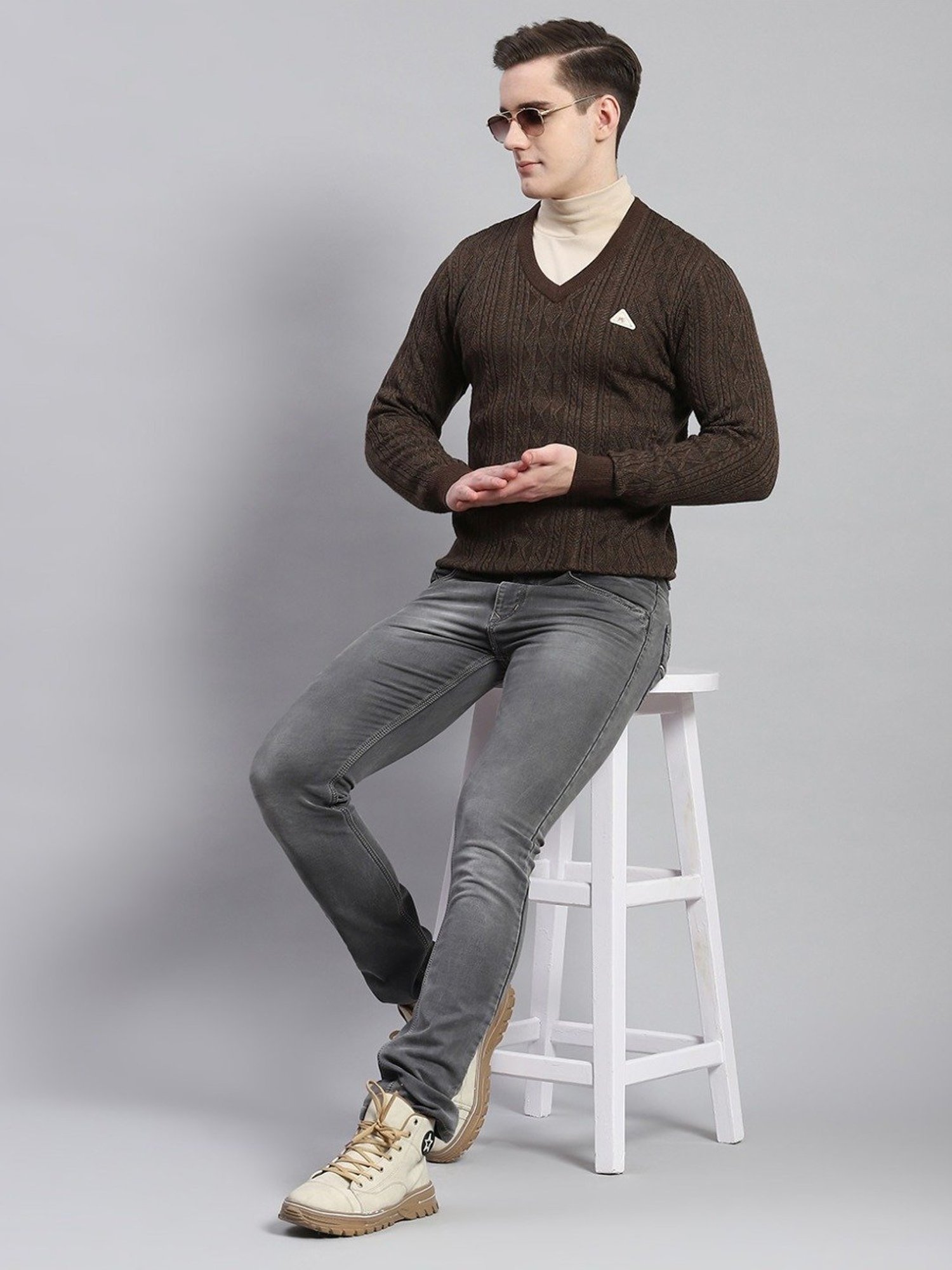Monte Carlo Dark Brown Regular Fit Self Pattern Sweater