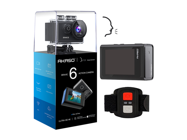 AKASO Brave 6 4K 20 MP WiFi Action Camera Voice Control EIS 100' Underwater Waterproof Camera Remote Control 6X Zoom Underwater Camcorder with 2 Batteries and Helmet Accessories Kit