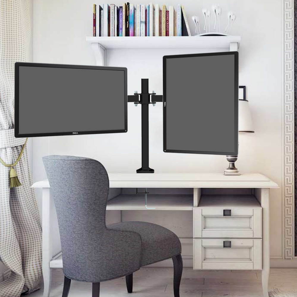 Koramzi Desk Dual Mount Stand for LCD/LED Monitor and TV Heavy Duty Fully Adjustable Arms and height, Fits 10" to 30" Monitors and TVs Includes wire clips- KWM1421 (Dual Arm)