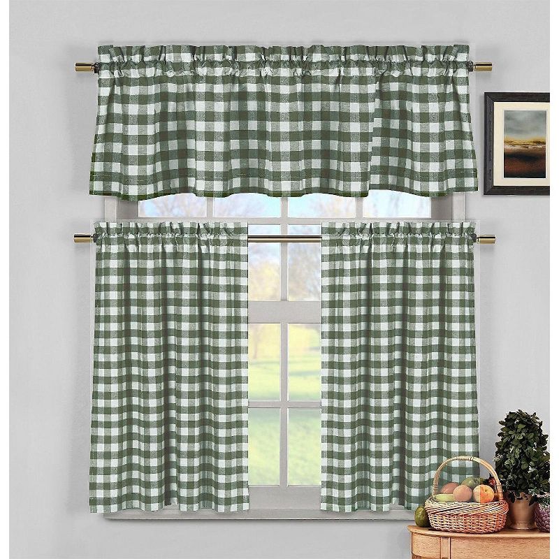 GoodGram Green & White Cotton Blend Gingham Tartan Country Plaid Kitchen Curtain Set - 58 in. W x 84 in. L