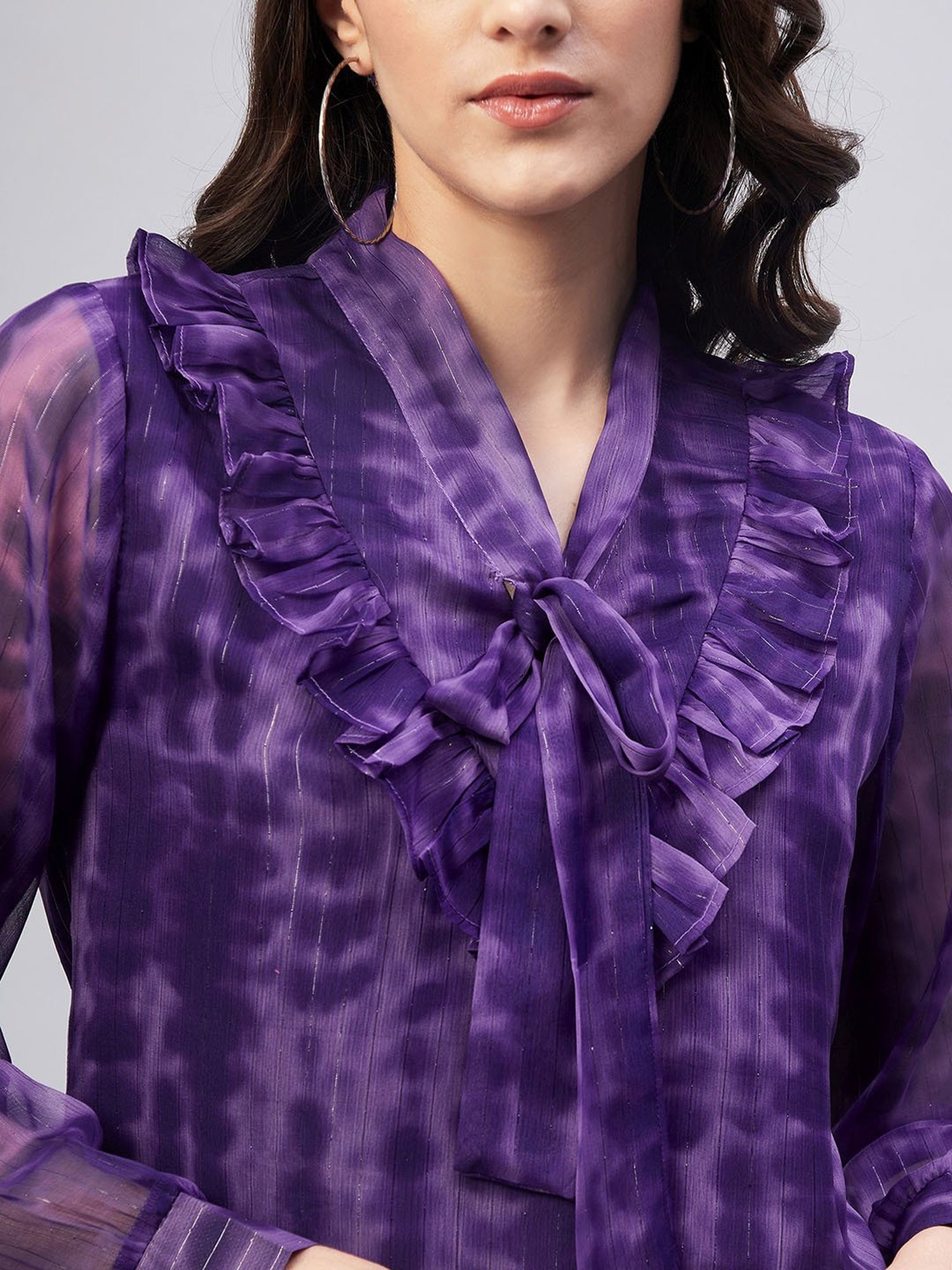 Marie Claire Purple Tie - Dye Tie-Up Neck Ruffles Top