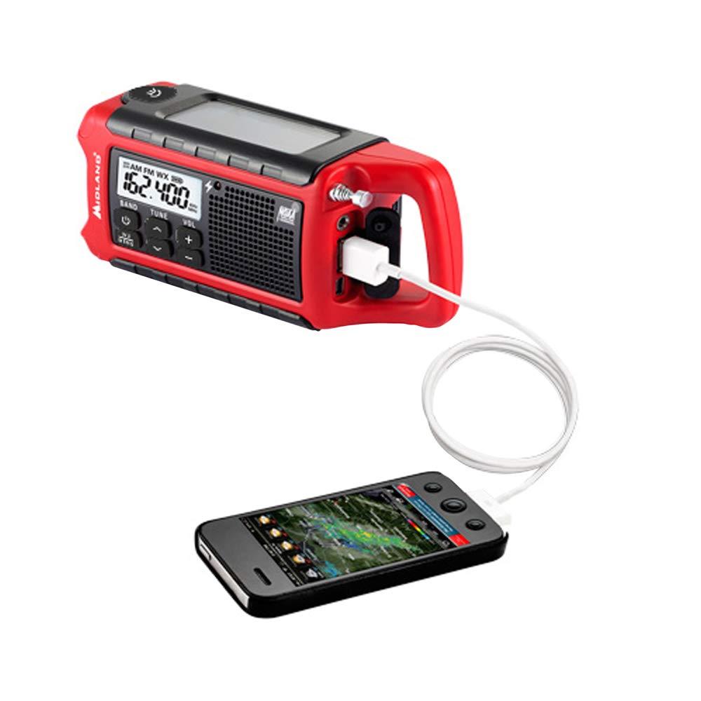 Midland - ER210, Emergency Compact Crank Weather AM/FM Radio - Multiple Power Sources, SOS Emergency Flashlight, NOAA Weather Scan + Alert, & Smartphone/Tablet Charger (Red/Black)