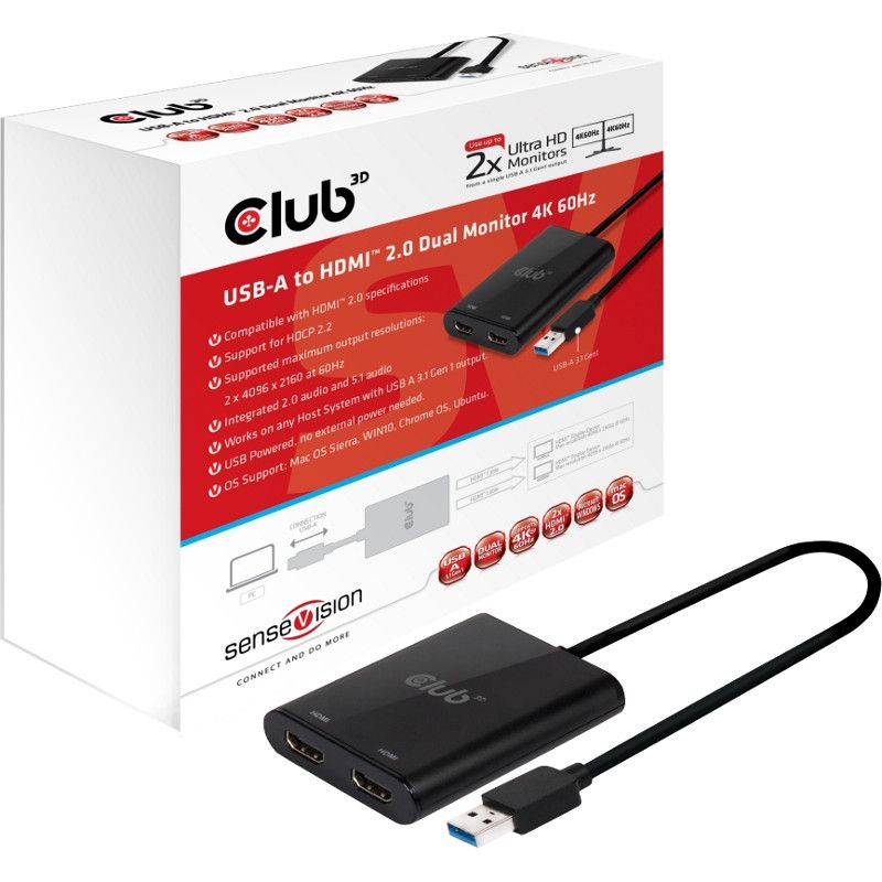 Club 3D USB A to HDMI 2.0 Dual Monitor 4K 60Hz - Type A - 2 x HDMI, HDMI