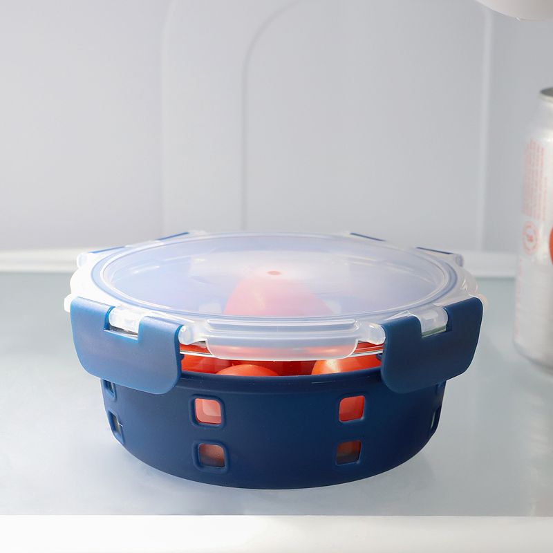 Michael Graves Design Round 21 Ounce High Borosilicate Glass Food Storage Container with Plastic Lid, Indigo