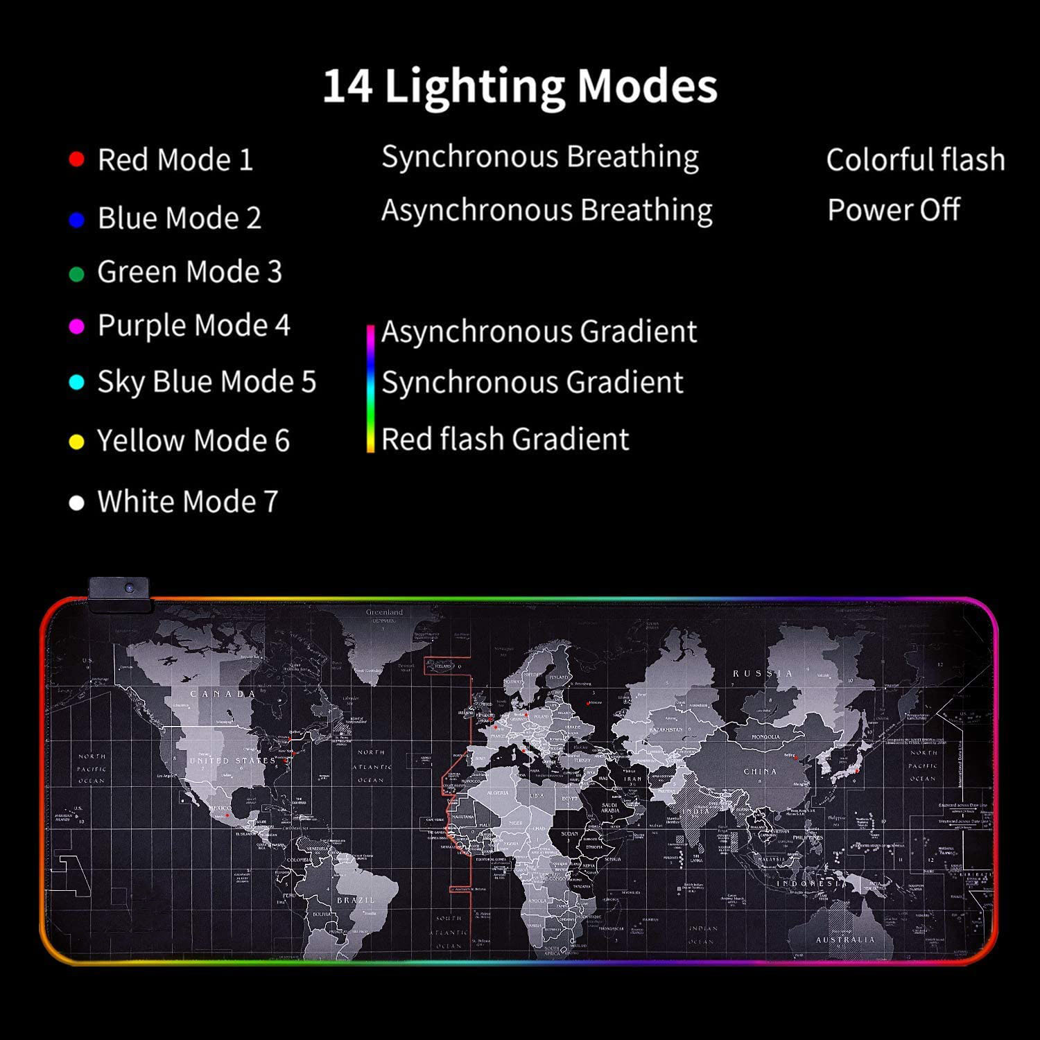 RGB Gaming Mouse Pad - Large Led Keyboard Pad, Mouse Mat with HD Map, Smoothly Waterproof Surface, Non-Slip Rubber Base, 31.5"X 11.8" & 14 Light Modes