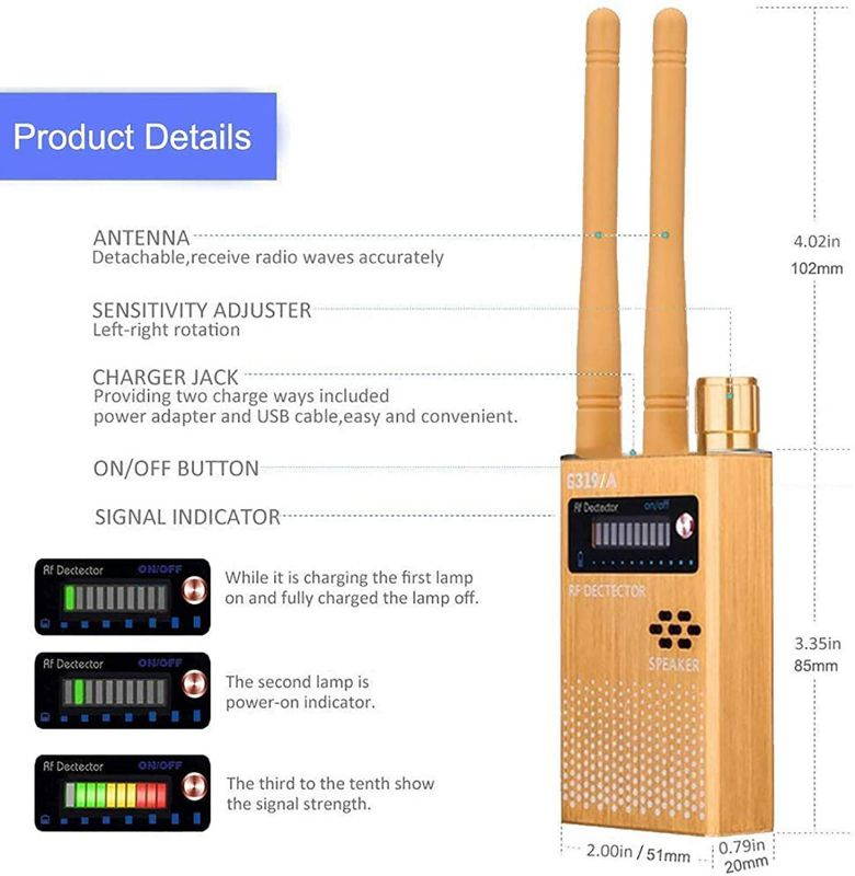 Wireless Bug Detector,Dual Antenna High Sensitive Sweeper Detect Wide Range Radio Frequency Find Out Hidden Camera GPS Tracker(2019 Upgrade Version) (Gold)