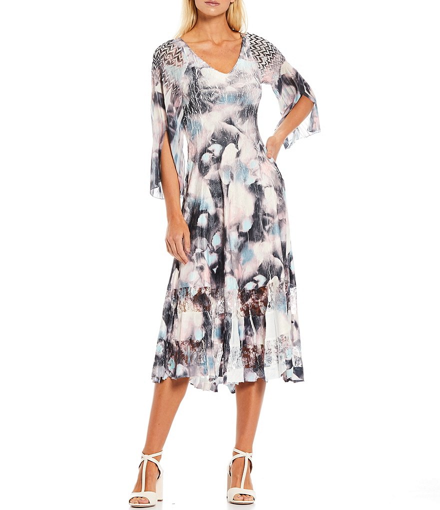 Komarov V-Neck 3/4 Bell Sleeve Floral Printed Charmeuse A-Line Midi Dress