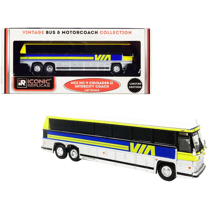 1980 MCI MC-9 Crusader II Coach Bus "Via Rail" (Canada) Yellow & Silver w/Blue Stripes 1/87 (HO) Diecast by Iconic Replicas