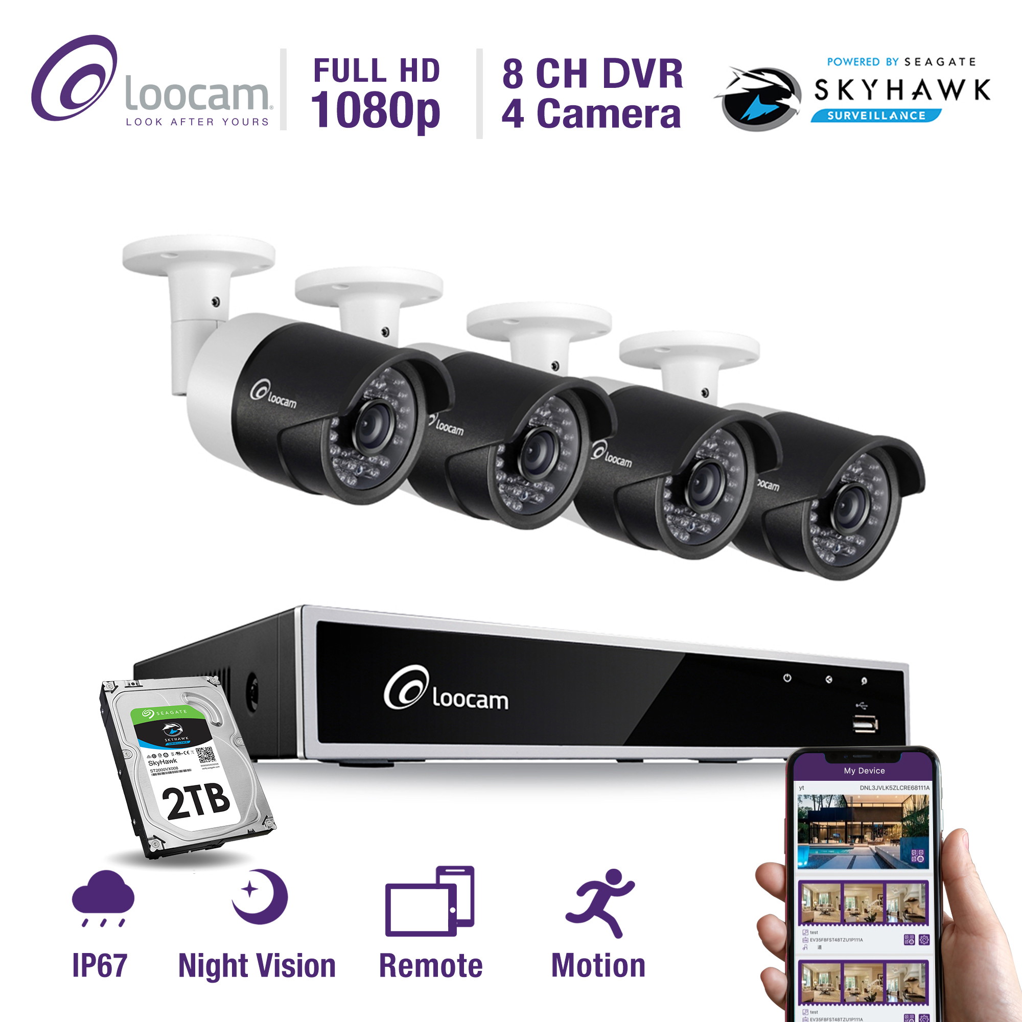 Loocam 8CH 1080P HD-TVI Video DVR Security Camera System, 4X 2.0 MP(1920x1080P) Surveillance Camera Kit, Motion Detection and Email Alert, Intuitive Android and iOS APP(2TB Hard Drive Included)