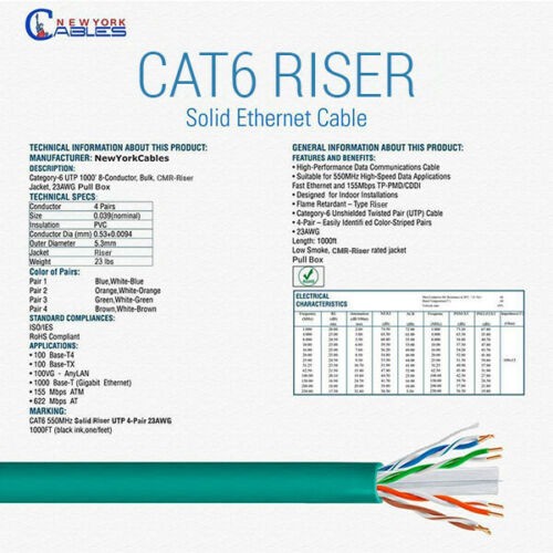 Cat6 Riser (CMR) 1000ft - 4 Pair Solid 23AWG, Ethernet Cable 1000 ft Outdoor - 550MHz 10 Gigabit Speed, Unshielded Twisted Pair (UTP), Bulk Ethernet Cable - Black