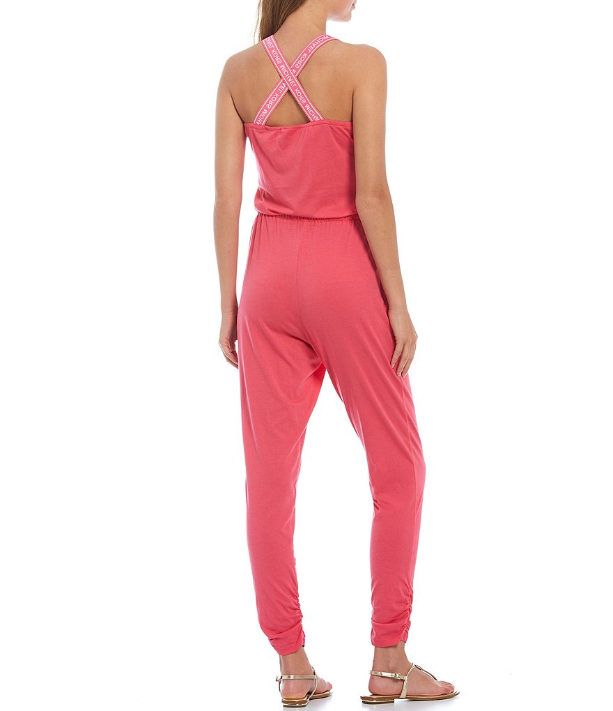 MICHAEL Michael Kors Knit Jersey V-Neck Logo Straps Sleeveless Crisscross Back Drawstring Waist Jumpsuit